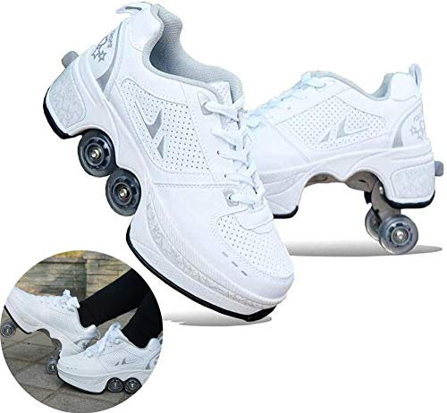 FLY FLU Inline-Skate, 2-in-1-Mehrzweckschuhe, Verstellbare Quad-Rollschuh-Stiefel - Für Erwachsene,White-34