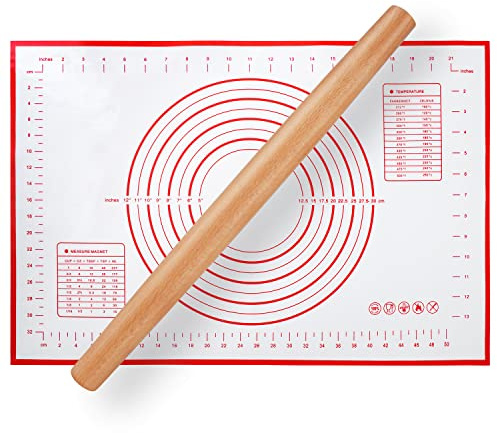 QUELLANCE Teigroller aus Holz mit Silikon-Backmatte, Teigroller aus Buchenholz zum Backen von Teig, Pizza, Kuchen, Gebäck, Nudeln und Keksen