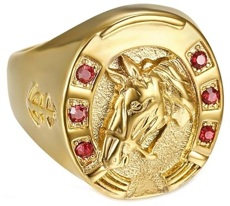 BOBIJOO Jewelry - Bague Fer à Cheval Chevalière Homme Voyageur Gitan Acier Inoxydable Or Rubis Rouge - 56 (7 US)