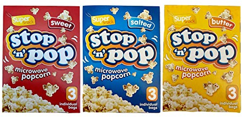 Super Snack Stop 'n' Pop Microwave Popcorn Party Film Night Set - Butter, Salted and Sweet 3 Set. Ideal for Family Movie Night or Summer Evening Party Fun!