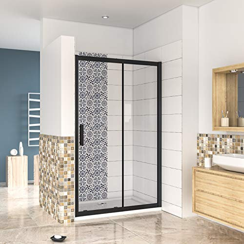 AICA porte de douche noire mat 140x195cm porte de douche avec l'amortisseur porte coulissante en 8mm verre anticalcaire