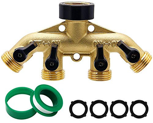 Biswing 4-Wege-Schlauchverteiler aus Messing, 1,9 cm (3/4 Zoll), Wasserhahn-Verteiler, Gartenschlauch-Adapter-Anschluss, Schlauch-Zapfen-Adapter mit 4 Ventilen