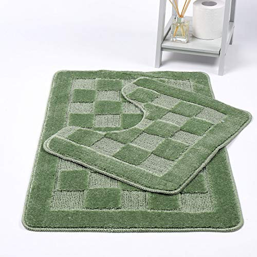 Night Zone Squares 2 Piece Bath Mat & Pedestal Set Non Slip Extra Absorbent Bathroom Toilet Rug Bath Mats Set (Sage Green)