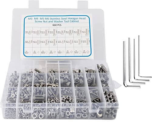 AETTL 660 Stück M6 M5 M4 M3 Schrauben Set Sortiment, Edelstahl Metrisch Edelstahlschrauben mit Muttern Sechskantkopf Unterlegscheiben Distanzhülsen