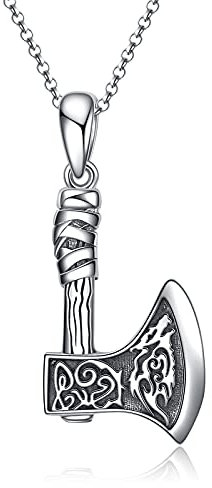 POPLYKE Sterling Silver Norse Talisman Viking Battle Axe Wolf Head Necklace Nordic Jewelry for Men Boyfriend Birthday Gift