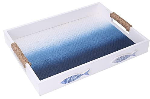 Vacchetti Vassoio Legno Mare Rettangolare, Bianco/Blu, Piccolo