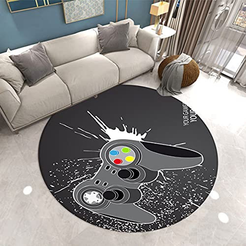 Gaming Carpet Living Room Modern Gamer Round Rug Gamepad Game Console Chair Mats for Bedroom Child Teenager Boys Room Kids Play Floor Carpets Non-slip Door Mat Washable (Grey,Diameter 60cm)