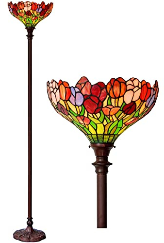 AIBOTY Tiffany Floor Torchiere Lampe, 72 Hohe Industriebronzepol Vintage Boho Stehendes Licht, 14 Buntglas Rot Tulpe Retro Rustikaler Stand, Ecke Hell Fackel Licht,Tulip