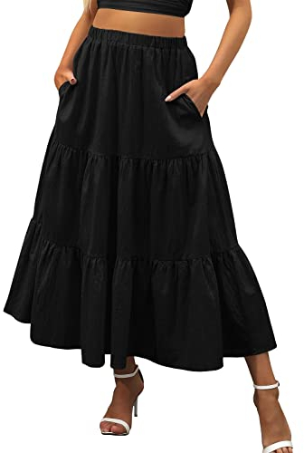 Damen Boho Rock Damen Midi Plisseerock Elegant Faltenrock Lang Strandrock Sommerrock (Black, M)