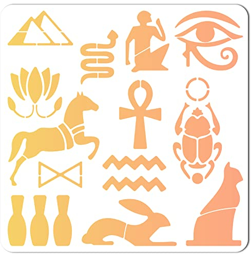 GORGECRAFT Schablone Mit Ägyptischen Symbolen 12 x 12 Hieroglyphen-Pyramide Tieraugenmuster Wiederverwendbar Kunststoff Zeichnung Malschablonen Schablone Zum Malen Auf Karton Wand Stoff Leinwand