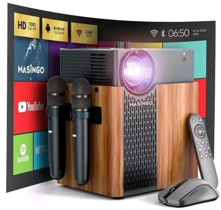 MASINGO Máquina de karaoke portátil 4 en 1 con proyector inteligente de 1080p con WiFi, altavoz y 2 micrófonos inalámbricos. Sistema Android integrado para aplicaciones de visualización de letras