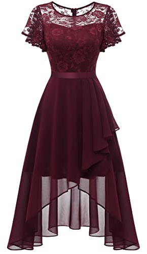 Wedtrend Rotes Cocktailkleid Abendkleider Elegant für Hochzeit Spitzenkleid Kleid Damen Hochzeitskleid Standesamt Vokuhila Brautkleid WT0303BurgundyM