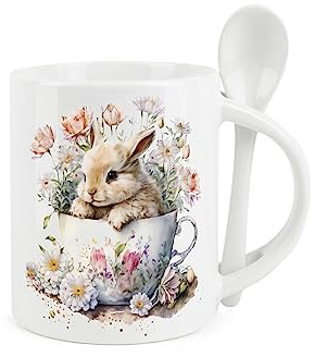 Purely Home Bunny Rabbit Mug and Spoon Set - Floral Teacup Design Ceramic White Coffee/Tea/Hot Chocolate Mug with Spoon in Handle