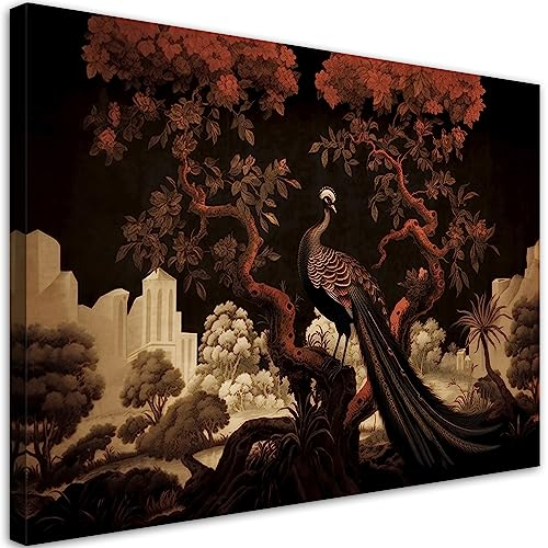 Feeby Bilder Pfau Zweige Blumen 90x60 cm 1 tlg Modern Leinwandbilder Bild auf Leinwand Kunstdruck Wand Bild Wanddeko Design Schlafzimmer Büro Flur Hotel Spa Wohnzimmer Pflanzen Natur Schwarz