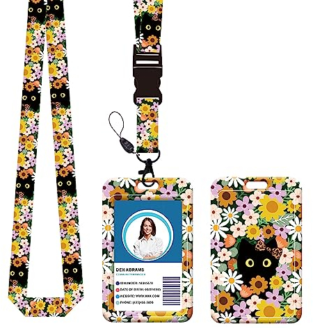 ID Badge Lanyards, Fashion Color Printing Pattern Card Holder and Lanyard Set for Men and Women(A13-Flower Cat)