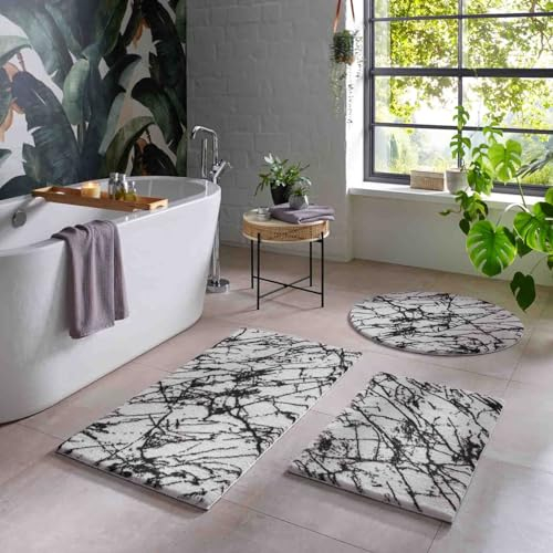 Taracarpet Badematte Badteppich für das Badezimmer waschbar in der Waschmachine Blitz Marmor Abstrakt Muster weiß-schwarz 060x120 cm