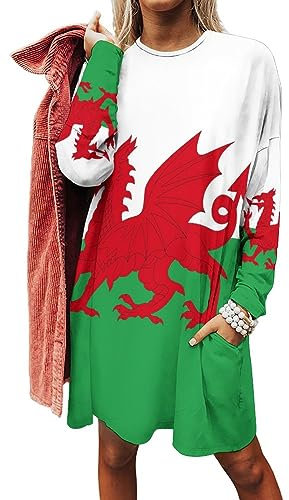 Flag of Wales Women's Casual Sweatshirt Long Sleeve Pullover Tops Loose Fit Swing Dress