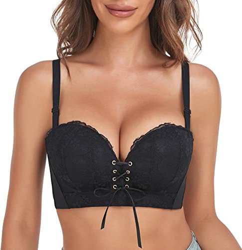 FallSweet Add Two Cups Lace Push Up Bra Ultra Padded Wireless Support Brassiere (Black, 34B)
