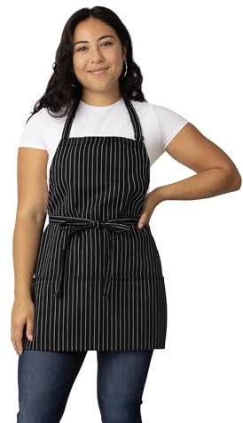 Chef Works Unisex Three Pocket Apron, Black White Pinstripe, One Size