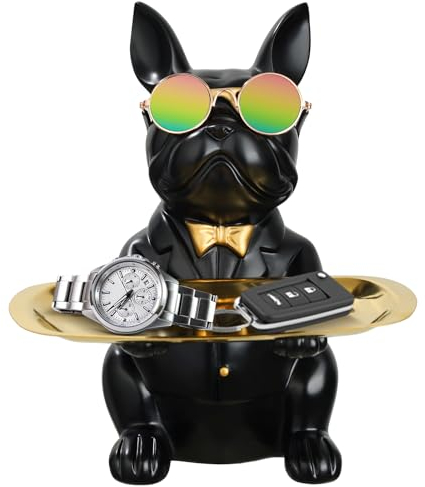 Französische Bulldogge Storage Tablett Sculpture, Bulldogge mit Münze Depot Aufbewahrungs, Multifunktions Schlüsselschale Bulldogge Figur mit Tablett, Französische Hund Butler Aufbewahrungsbox