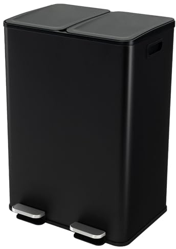TANGZON 2x30L Recycling Pedal Bin, Double Kitchen Waste Bin with Plastic Inner Buckets, Soft Closure Lids, Deodorant Boxes & Handles, Fingerprint Proof Airtight Stainless Steel Trash Can (Black)