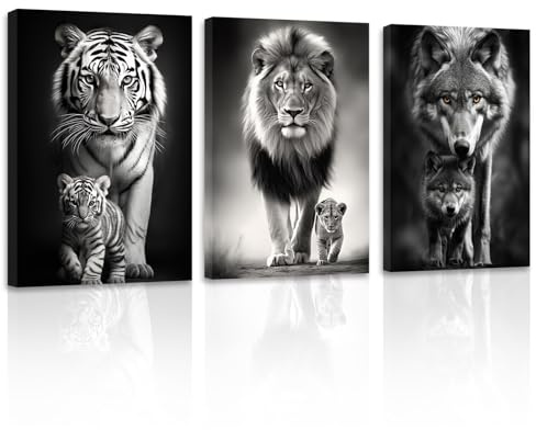 ZXHYWYM Schwarz weiße Tierbilder 3 teilig Tiger König der Löwen Wolf und Baby Bilddrucke Afrika Wildtiere Porträt Leinwand Kunstwerk für Männer Schlafzimmer (Bild-2, (30.00 x 40.00 cms x 3 Teilig))