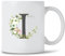 Seriously Frank Personalised Floral Initial Coffee Mug, Grey Text, A-Z Letters of The Alphabet Decorated with Flowers (Initial I)