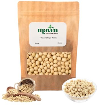 Maven Wholefoods Organic Soya Beans – High Protein Plant Based Soybeans, GMO Free Organic Pulses for Tofu, Soy Milk, Curries & Healthy Cooking, Vegan Pantry Ingredient – 3kg
