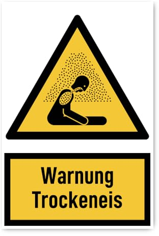 Aufkleber: 300x200 mm, 1 Stück - Warnung Trockeneis - Warnzeichen mit Text (deutsch) (gelb/schwarz) - hochkant - W041 - DIN EN ISO 7010 / ASR A1.3