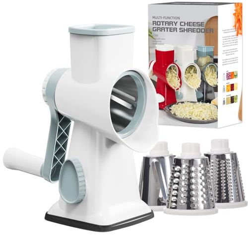 GORCI Rotary Cheese Grater Shredder, Mandoline Vegetable Slicer with 3 Drum Blades, Kitchen Grater Walnut Grinder Round Food Slicer with Strong Suction Base for Vegetables and Nuts White