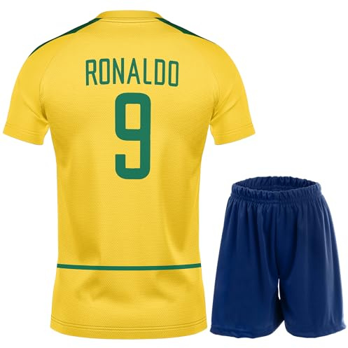 PraiseLight Brasilien Limitierte Ronaldo Heim Fußball Kinder Trikot Auflage Shorts Set Nostalgie Jugendgrößen (Gelb 9, 152 (8-9 Jahre))