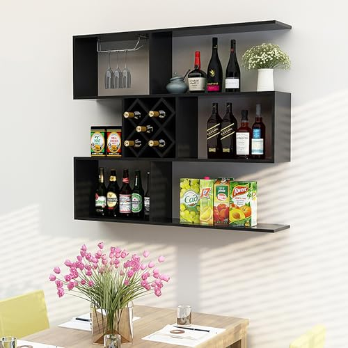Moderne diamantförmige Weinregal Hängend, Holzhänge-Bar Regal Wand, Weinglashalter Weinflaschenhalter Getränkekistenhalter Drink Tower für Home Bar, Küche, Esszimmer ( Color : Nero , Size : 100cm/39.3