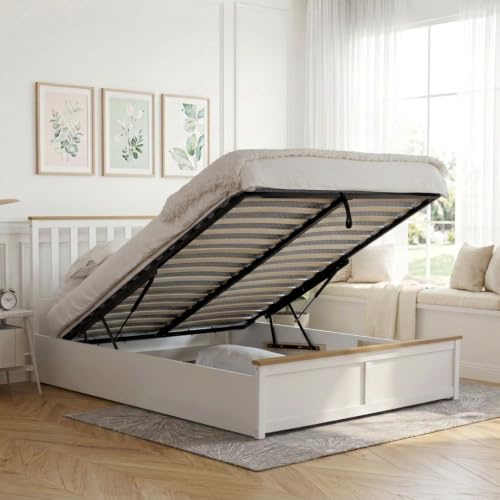 Comfy Living White Wooden Ottoman Gas Lift Storage Bed 3ft 4ft 4ft6 5ft (No Mattress, 4ft6 Double)