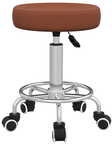 Vinsetto Round Rolling Stool PU Leather Height Adjustable with Wheels Brown | Stool Chair, Swivel Seat, for Salon, Massage, Spa, Home Kitchen
