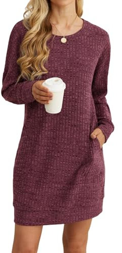 PrinStory Long Pullover Damen Langärmelig Sweatshirtkleid Beiläufige Komfortabel Gestrickte Pullover Oberteile Basic Pulloverkleid Mit Seitentaschen (Weinrot, XXL)