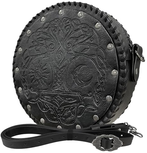 HiiFeuer Viking geprägte Umhängetasche Crossbody Bag, Gürteltasche aus nordischem Kunstleder Schultertasche, Mittelalter tragbare Cosplay Umhängebeutel (Schwarz B)