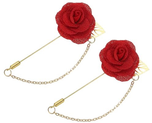 QUARKZMAN Épinglette pour Homme, Taille : 1,57 Épingle en Alliage de Tissu de Rose avec Feuille d'Or et Bordure/Chaîne à Pompon pour Revers de Costume pour Marié Mariage 2 Pcs Rouge Foncé