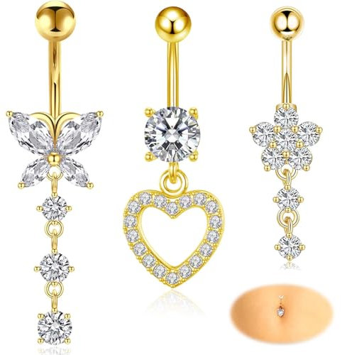 Crrynuo 3stk Chirurgenstahl Bauchnabelpiercing, Belly Piercing Set, Schmetterling Herz Blume Anhänger Schmuck, Stablänge Gold Mit Perlen Strass für Frauen Schmuck