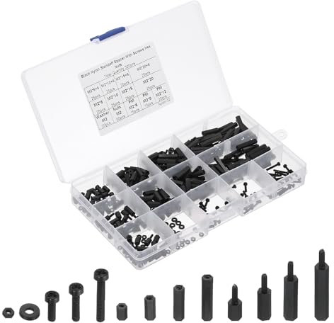 PATIKIL M2 Männlich Weiblich Nylon Sechskant-Abstandshalter Set, 320 Stück Motherboard Abstandshalter Sortiment Kit Schrauben Muttern für PCB Motherboard, Leiterplatte, Schwarz