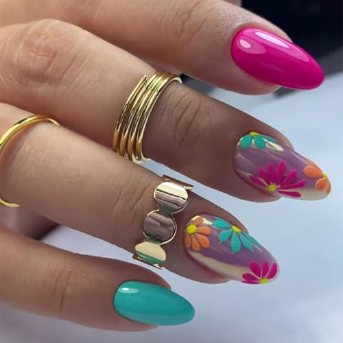 30 PCS Flower Press on Nails Almond Medium Fake Nails Glossy False Nails Full Cover Artificial Nails Art Design for Women and Girls