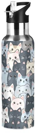 Mnsruu 20 Oz Water Bottle with Straw Gray Cartoon Cats Stainless Steel for Traveling Sports Leakproof Insulated