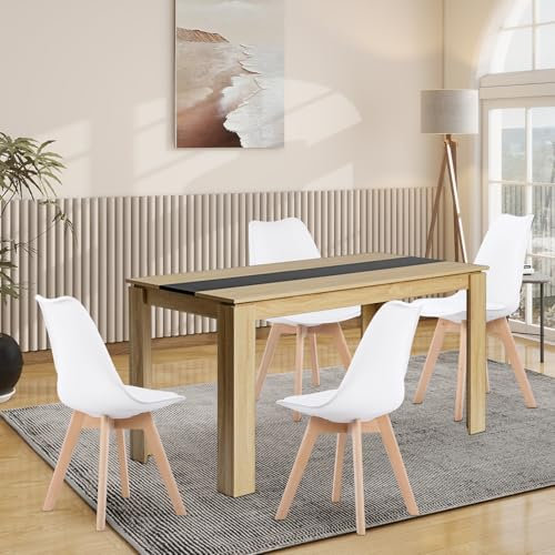 FURNITABLE Esstisch mit 4 Stühlen Esszimmergruppe, 4er Set Esszimmerstühle und 140CM Rechteckig Holztisch Essgruppe für Wohnzimmer Küche Büro (Eiche-Schwarz Tisch+4 Weiß Stühle)