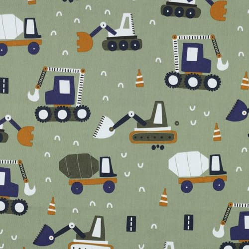 VmG-Store 1m Baumwollstoff zum Nähen 100% Baumwolle Nähstoff KEINE Meterware Kinderstoff Patchwork DIY Basteln Quilten Handwerken (Baufahrzeuge Army Green Bc023)