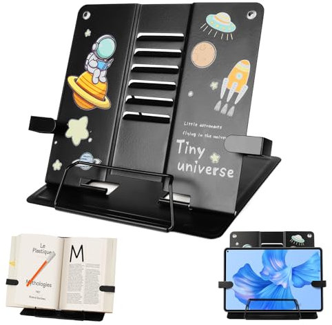 Notenständer Klappbar Stabil, Buchständer, Verstellbarer Buchhalter, Notenständer Buchstütze kinder, Kochbuchhalter mit Seitenclip für Rezept, Notenständer, Tablet, Laptop