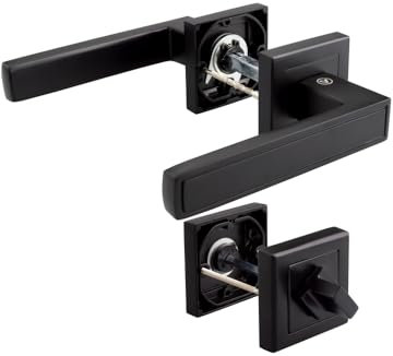 VERAMET Poignée de porte intérieure pour porte de chambre | Poignées noires avec rosace | Poignée de porte noire pour porte de chambre (WC – pour portes de salle de bain)
