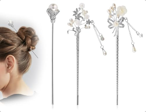 Emezddo 3 Stück Perlen Haarstabchen,Chinesische Haarnadel,Vintage Quaste Hairpin,Blumen Hair Accessories,verwendet für Mädchen Frauen,Für Retro-Partys,Traditionelle Chinesische Feste