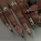 24pcs Long Stiletto Press on Nails French Tip False Nails 3D Gold Cross Leopard Print Fake Nails Brown Pink Stick on Nails Removable Glue-on Acrylic Nail Tips Accessories for Women
