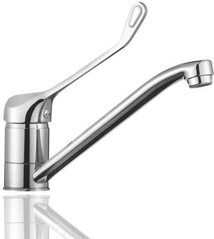 HOMSSY Grifo Gerontológico para Cocina, Mezclador Monomando de Fregadero, Grifo Medical con Maneta Higiénica de Codo, Diseño Ergonómico, Acabado Cromado Plata