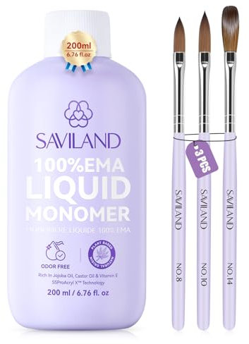 SAVILAND Advanced Monomer Acryl Liquid: Geruchsarme Acryl Liquid für Nägel 200 ml EMA Monomer mit 3 Prämie Acryl pinsel Größe (8/10/14) für Acryl Nagelverlängerung