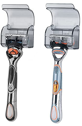 LUWOO 2 Pcs Plastic Razor Holders with Cover for Shower Wall, Self Adhesive Waterproof Razor Rack for Bathroom, Compatible with Fusion 5 Proglide, Mach 3 Classic (Grey)